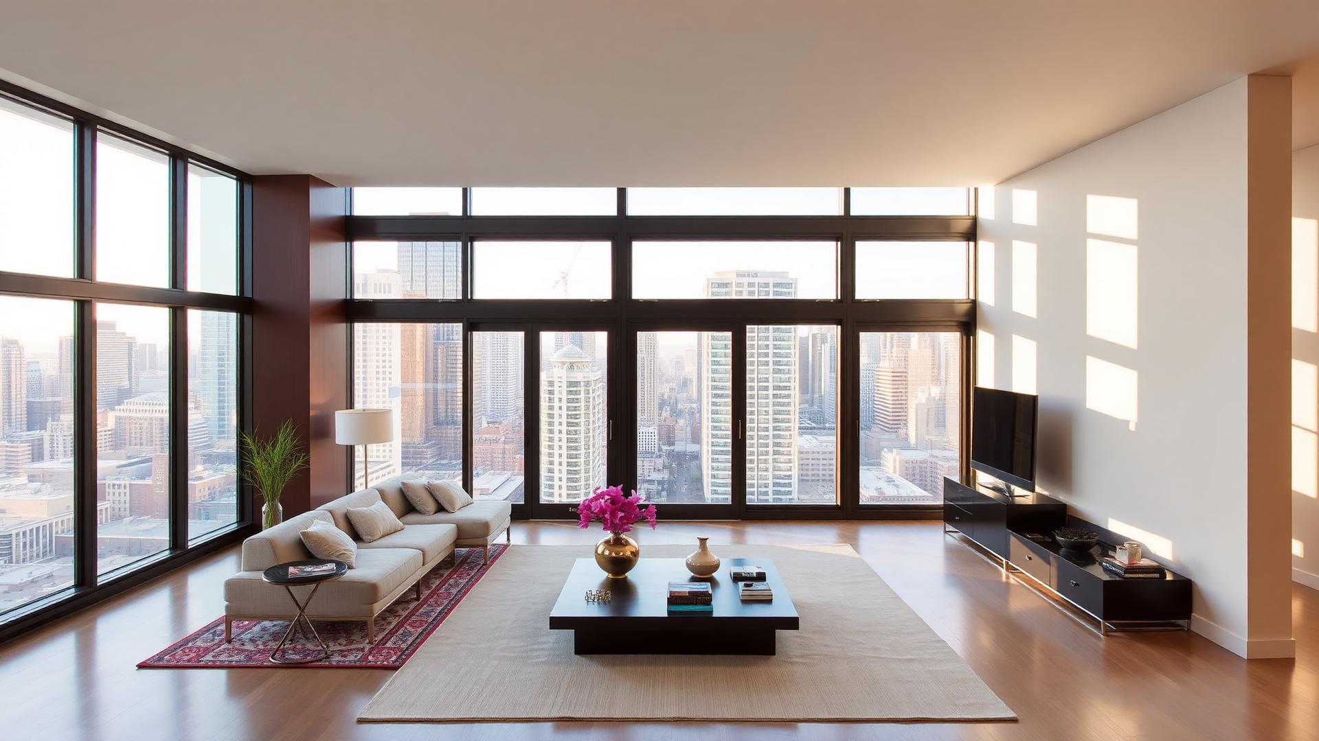 Modern luxury living room with skyline view